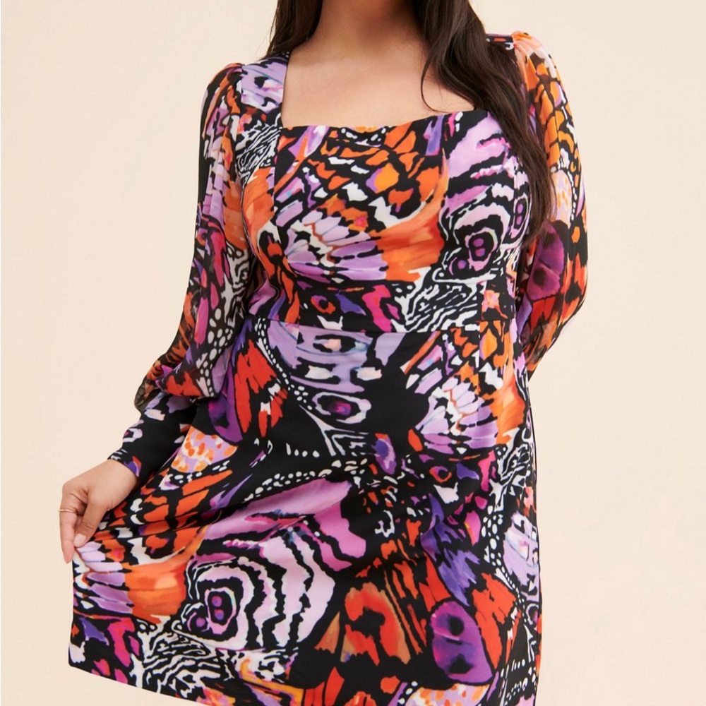 Hutch Elaine Square Neck Multicolor Abstract Print Dress - Pink & Orange